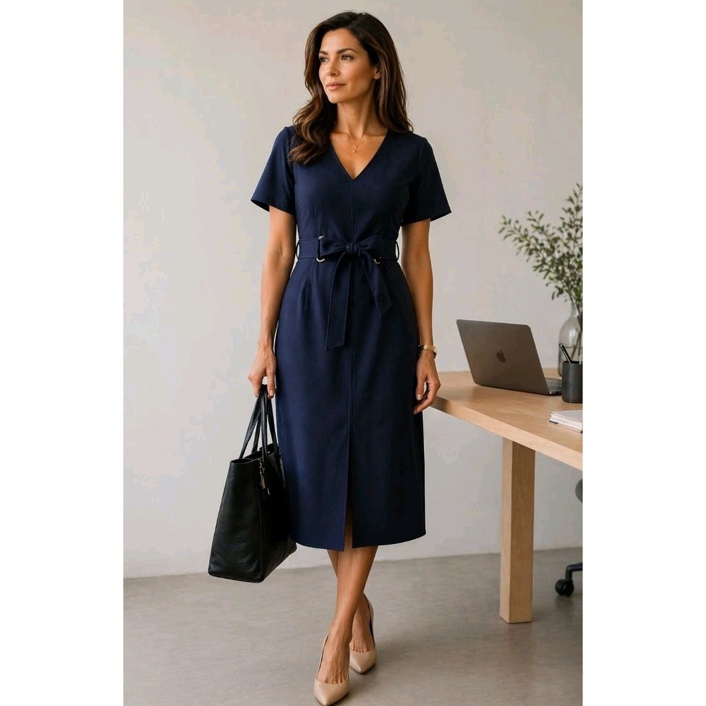Shoshanna Navy Sheath Dress 8 Tie Waist V Neck Career Work Midi 5660651 USA